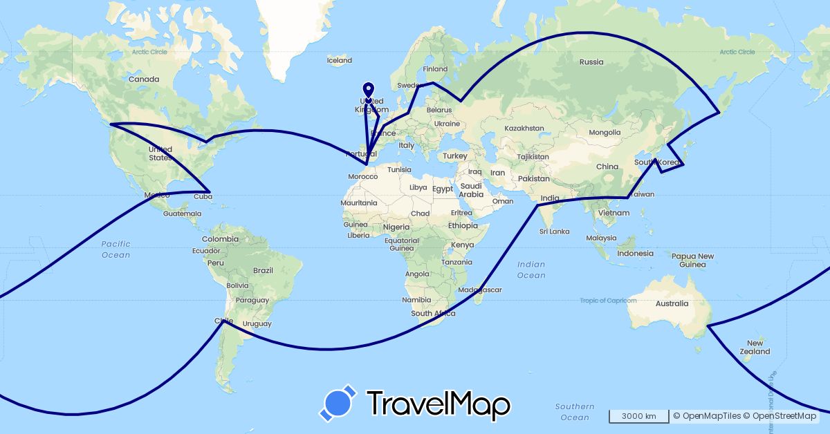 TravelMap itinerary: driving in Australia, Bahamas, Canada, Chile, China, Germany, Spain, Finland, France, United Kingdom, Ireland, India, Japan, South Korea, Morocco, Madagascar, Mexico, Russia, Sweden, South Africa (Africa, Asia, Europe, North America, Oceania, South America)